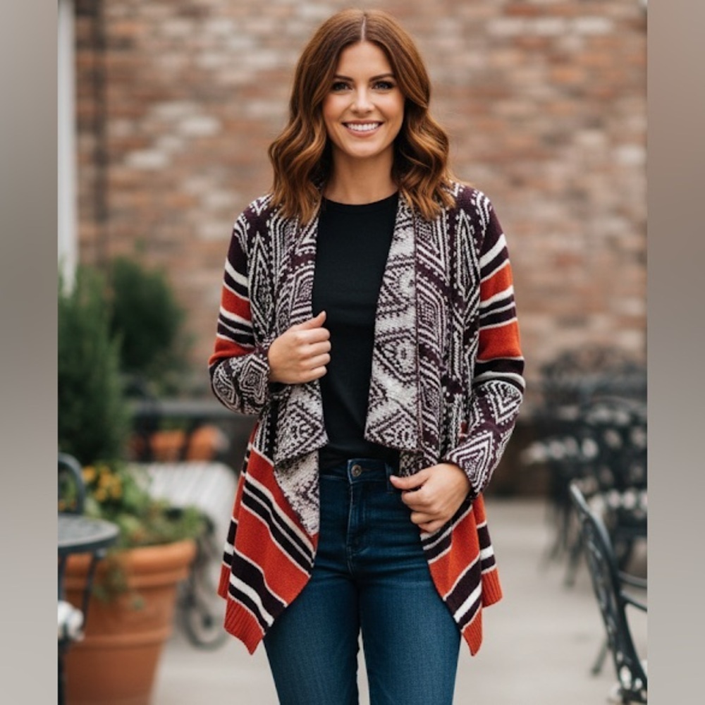 Knox Rose Black and Orange Geometric Cardigan